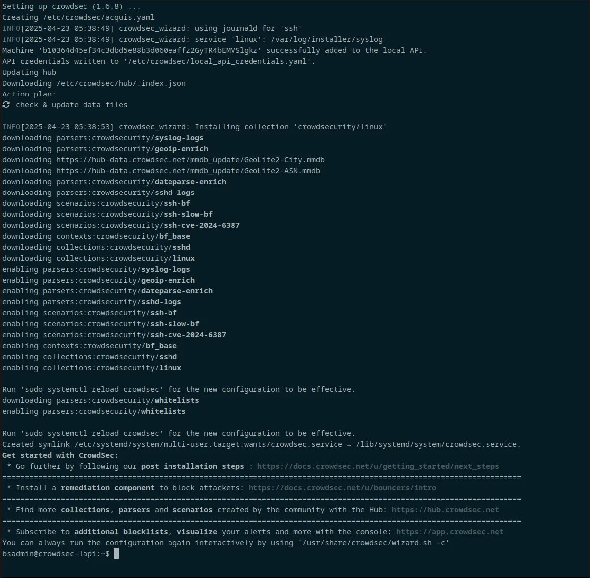 Crowdsec post-install output